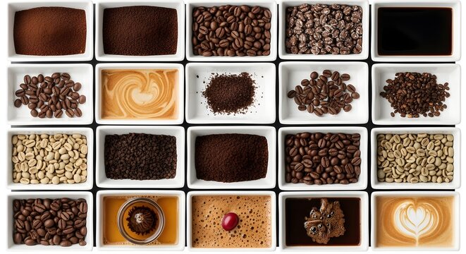 A Variety Of Coffee Beans And Drinks Displayed In Rows