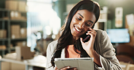 Obraz premium Startup, woman and tablet with phone call in logistics for delivery quote, pricing enquiry or happy. Small business, owner and contact courier for shipping rate negotiation, route details and update