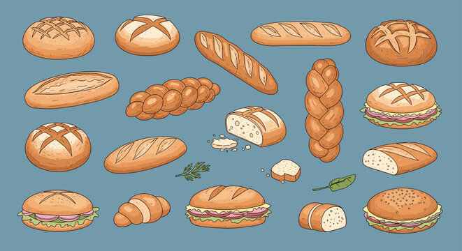 Extensive assortment of baked bread products including baguettes, loaves, rolls, and sandwiches on a solid blue background for bakery themes.