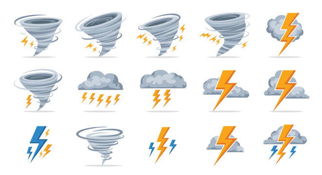 Collection of weather phenomenon icons showing various stages of tornadoes, lightning bolts, and storm clouds for meteorological forecast design.