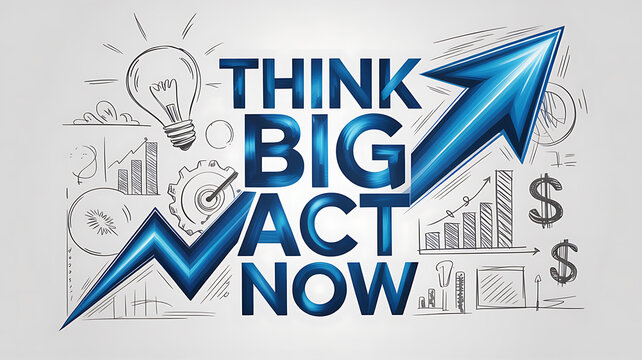 Blue motivational text "think big act now" with arrow and business finance