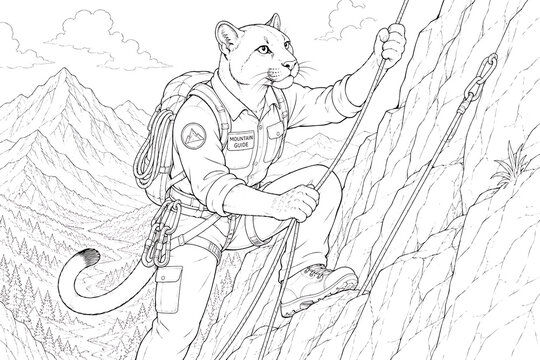 A cartoon cat wearing a backpack climbs a steep mountain with a pickaxe.