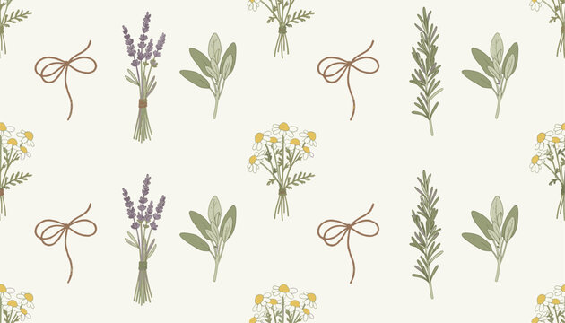 Seamless pattern of herbal bouquets with lavender, chamomile, sage, and rosemary on a warm cream background.