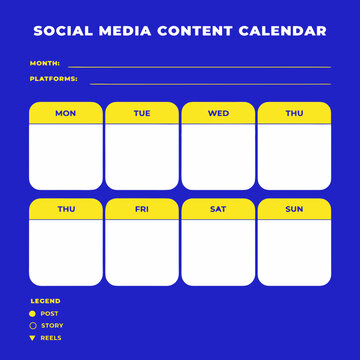 Social media content calendar template, blue, vector, editable, planning, organization, schedule