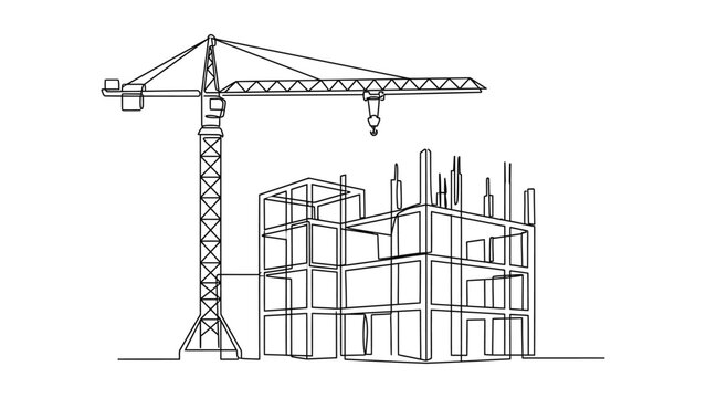 Continuous one line drawing of a construction crane and a building framework.