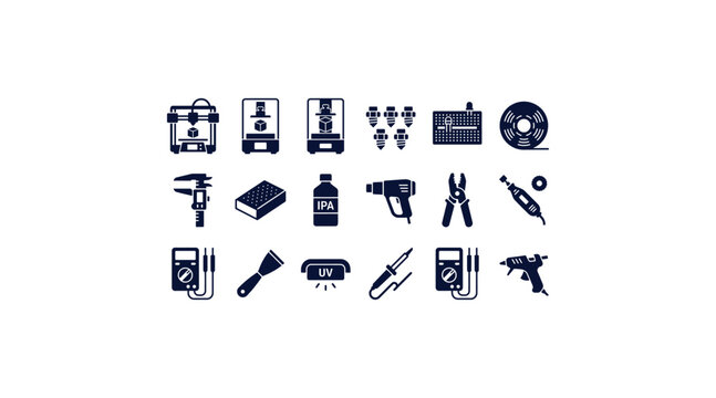 3D printing and maker space tools glyph icon set