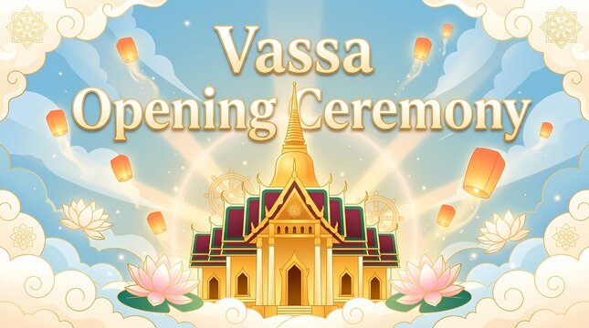 Vassa opening ceremony illustration with golden temple and floating lanterns