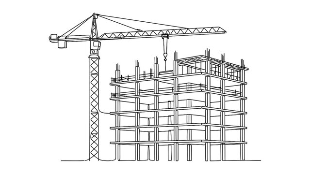 Continuous line drawing of a building under construction with a tower crane.