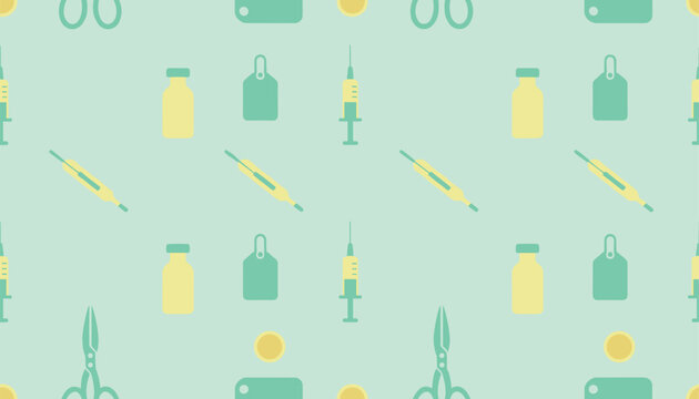 Seamless pattern of medical icons with syringes, thermometers, and medicine bottles on a light green background.