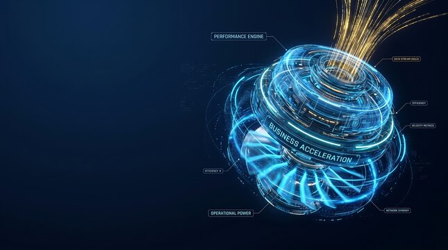 Turbine engine core designed as a glowing digital hologram illustrates rapid business acceleration and the immense structural power required for scaling competitive global enterprise operations.