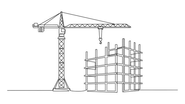 Continuous single line drawing of construction site with crane and building frame.