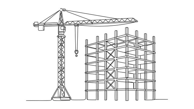 Continuous line drawing of a construction crane and building structure.
