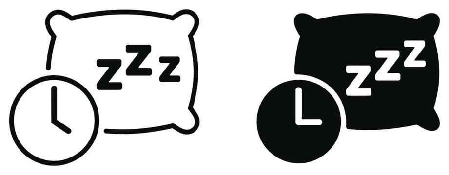 Bedtime Sleep Alarm Clock icon set, night rest timer and wake up reminder symbols for health, routine and sleep tracking app design.