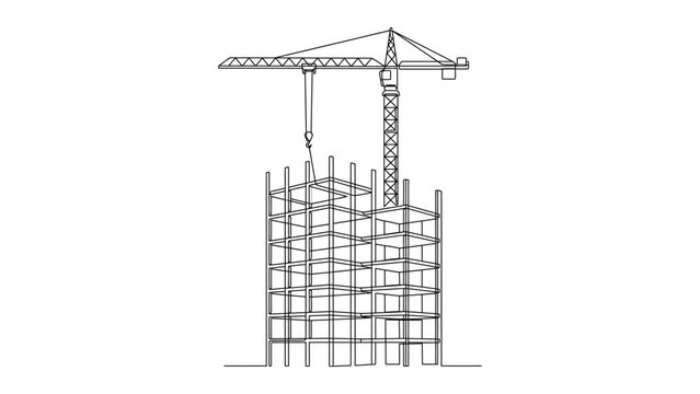 Minimalist continuous line drawing of a skyscraper construction site with a tower crane.