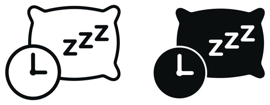 Bedtime Sleep Alarm Clock icon set, night rest timer and wake up reminder symbols for health, routine and sleep tracking app design.
