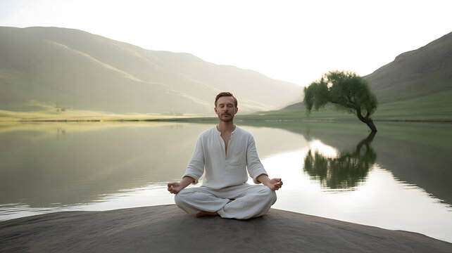 Man meditating in lotus pose by a calm lake surrounded by mountains and a solitary tree