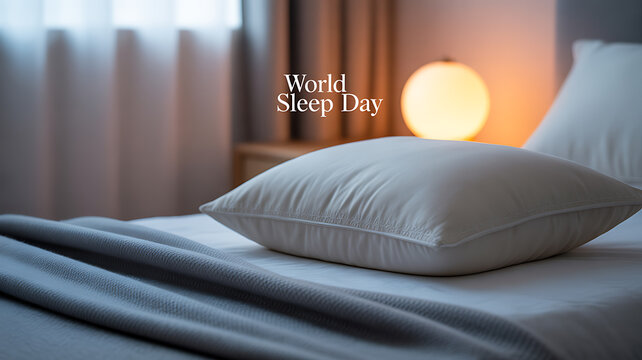 A cozy bedroom scene with a neatly made bed, soft lighting, and a pillow in focus, promoting World Sleep Day.