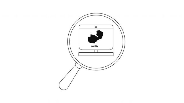 Zambia Map on Computer Screen Magnifying Glass Outline Animation.