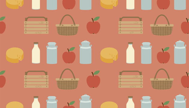 Seamless picnic and dairy pattern featuring wooden crates, baskets, apples, cheese, and milk bottles on terracotta background.