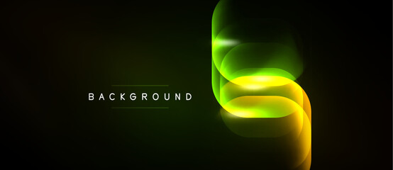 Naklejka premium Abstract neon lines create dynamic flow. Bright yellow, green hues contrast dark background. Modern design element for presentations.