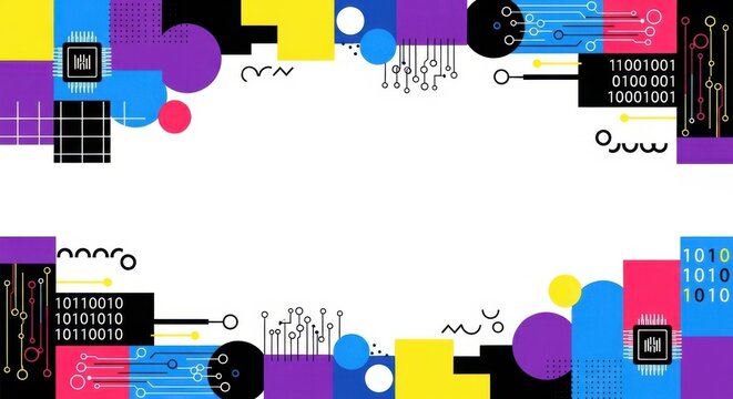 Technology digital background with circuit board patterns and binary code abstract elements.
