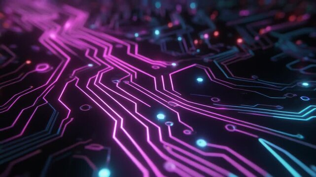 Futuristic cyber circuit board with glowing neon pathways. Pink and cyan illuminated data streams. High-tech microchip architecture with integrated circuits.