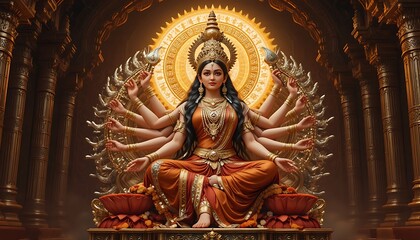 Obraz premium Goddess Durga Sitting in Meditative Pose with Multiple Arms, Divine Golden Halo and Pillars, Powerful Hindu Deity Artwork for Navratri and Durga Puja Festivals, Majestic Spiritual Concept