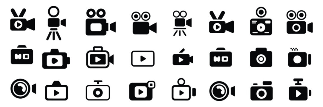 camera photo video icon set, photography recording and media symbols for capture, shooting, image and video production interface design vector illustration.
