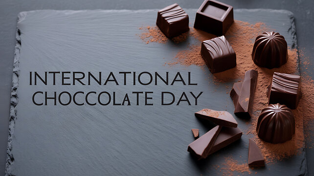 International Chocolate Day celebration with assorted chocolate pieces on a slate board