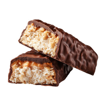 Chocolate snack protein energy fitness bar with nut cereal filling isolated on white background concept of sweet treat