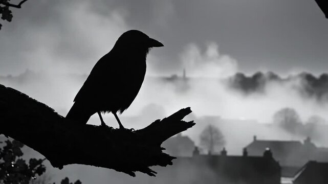 Black and White Silhouette of a Crow Perched on a Tree Branch with a Foggy Landscape in the Background
