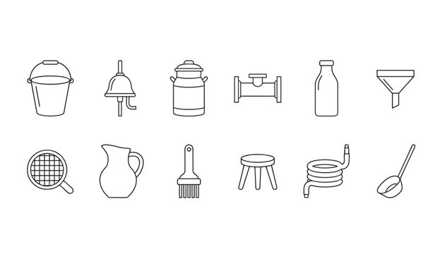 Line art icons of dairy farming equipment including bucket, milk can, bottle, funnel, strainer, and pitcher on white background.