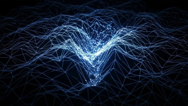 量子アニーリングの抽象的表現。エネルギー地形を探索し最適解へ収束する光の粒子のループ映像