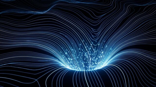 量子アニーリングの抽象的表現。エネルギー地形を探索し最適解へ収束する光の粒子のループ映像