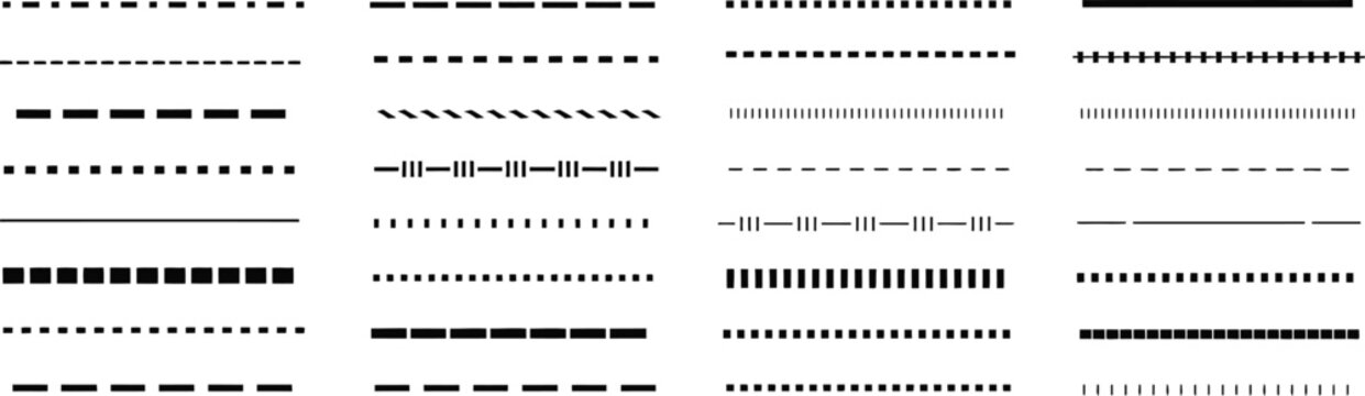 Dashed lines, design pack, black dotted stripe elements for clean divider lines used in posters banners and modern layout compositions.
