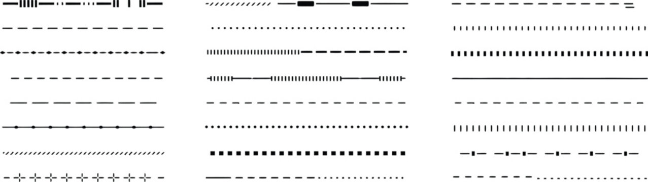 Dashed lines, design pack, straight dotted line elements set for graphic separation banners typography layouts and visual spacing design.