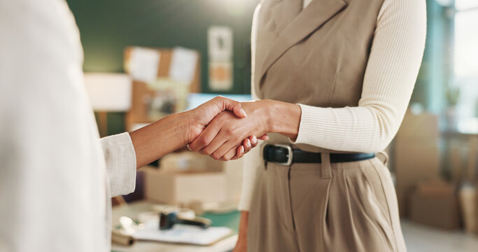 People, logistics and handshake with small business partner for thank you, deal or agreement. Employees, supplier or distributor shaking hands for b2b, partnership or supply chain startup together