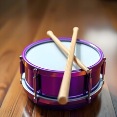 Obraz premium shiny metallic purple toy drum with two wooden drumsticks