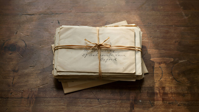 A stack of old, yellowed paper envelopes tied together with thin twine, resting on a rustic, dark brown wooden table surface with natural light