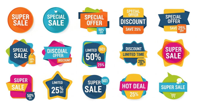Collection of colorful sale and discount tags and labels.