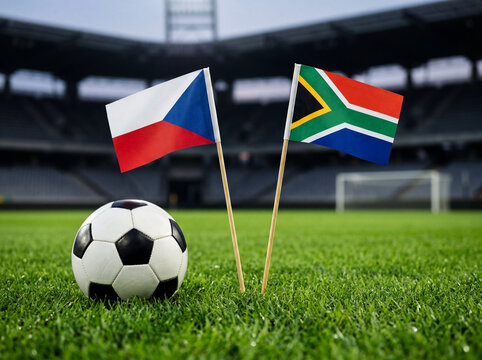 Czechia vs South Africa soccer match concept background. National flags and football on stadium green grass pitch. International football championship tournament background.