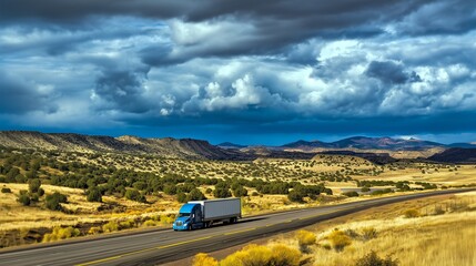 Obraz premium Blue semi truck with a long white trailer drives along a lonely desert highway in the nature landscape under a dramatic sky filled with thick dark rolling stormy clouds