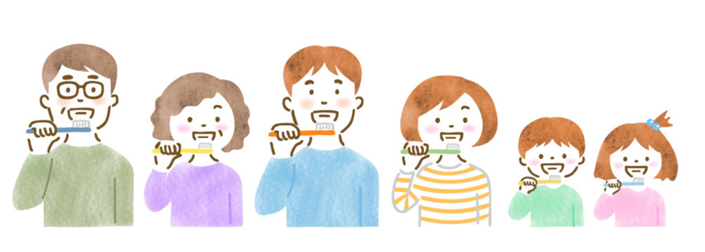 歯磨きする三世代家族（老若男女）のイラスト