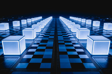 Fototapeta premium 3D rendered glowing cubes arranged in rows on a checkered dark blue digital surface, representing futuristic tech concepts.
