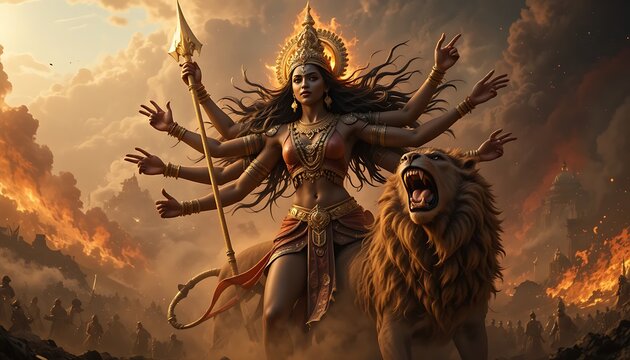 Goddess Durga riding roaring lion in epic battlefield, multi armed fierce female warrior deity holding golden spear weapon with fire flames and smoke background dramatic fantasy illustration