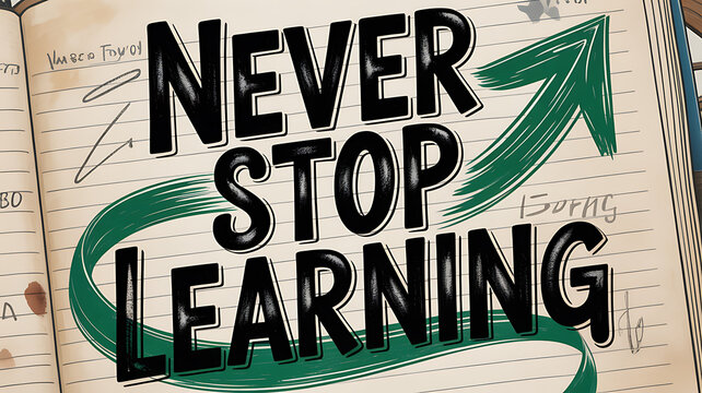 Notebook page with 'never stop learning' text and green arrow motivation inspiration education