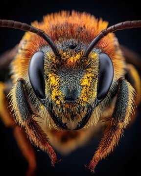 Macro bee portrait with pollen-covered face