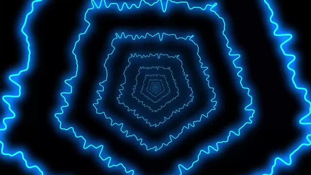 Seamless Loop of Minimalist Glowing Cyan Geometric Pentagon Tunnel with Turbulent Wiggle Motion, for Futuristic Video Overlays Tech Events Presentation Screens and Modern VJing Backgrounds