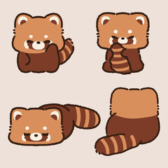 Fototapeta premium Cute Kawaii cartoon red panda illustration set