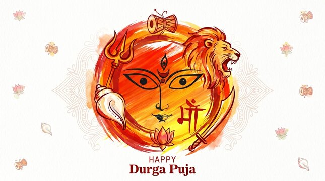 Happy durga puja greeting card with goddess durga face and traditional symbols